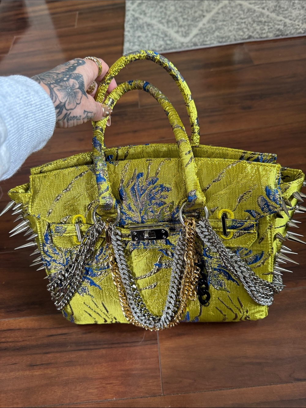 Akira lime green and blue  Floral Brocade Spike Chain Handbag